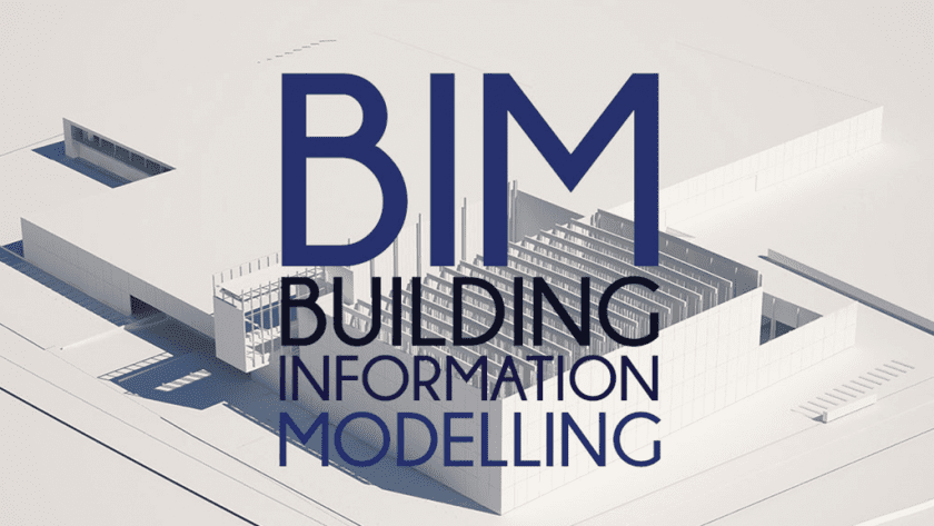 Photo d'un batiment modélisé avec l'inscription "bim building information modeling" écrit par-dessus